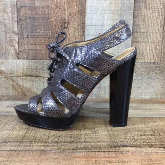 Coach Sandals Moreen Womens 8B Gray Leather Metallic Embossed Snakeskin Heel - Picture 4 of 12